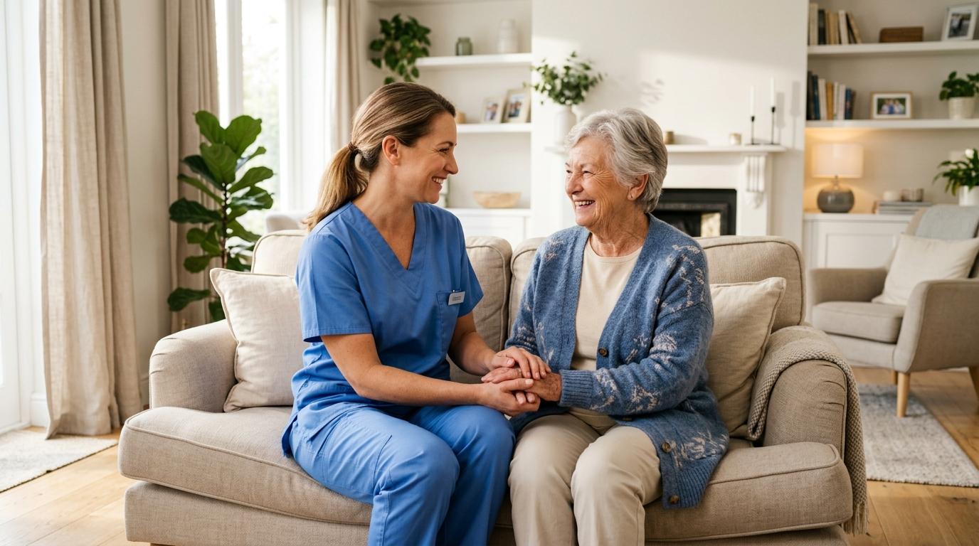 Compassionate caregiver assisting a senior woman at home